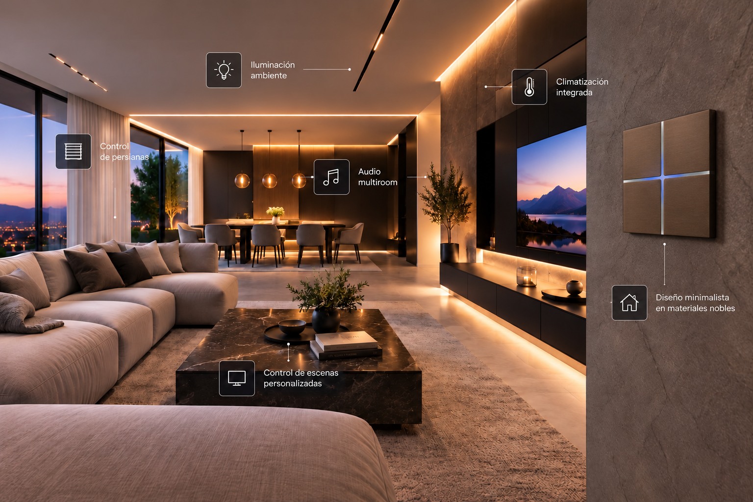 Salón inteligente con pulsador Basalte Sentido, iluminación ambiental, control de persianas, climatización y audio multiroom